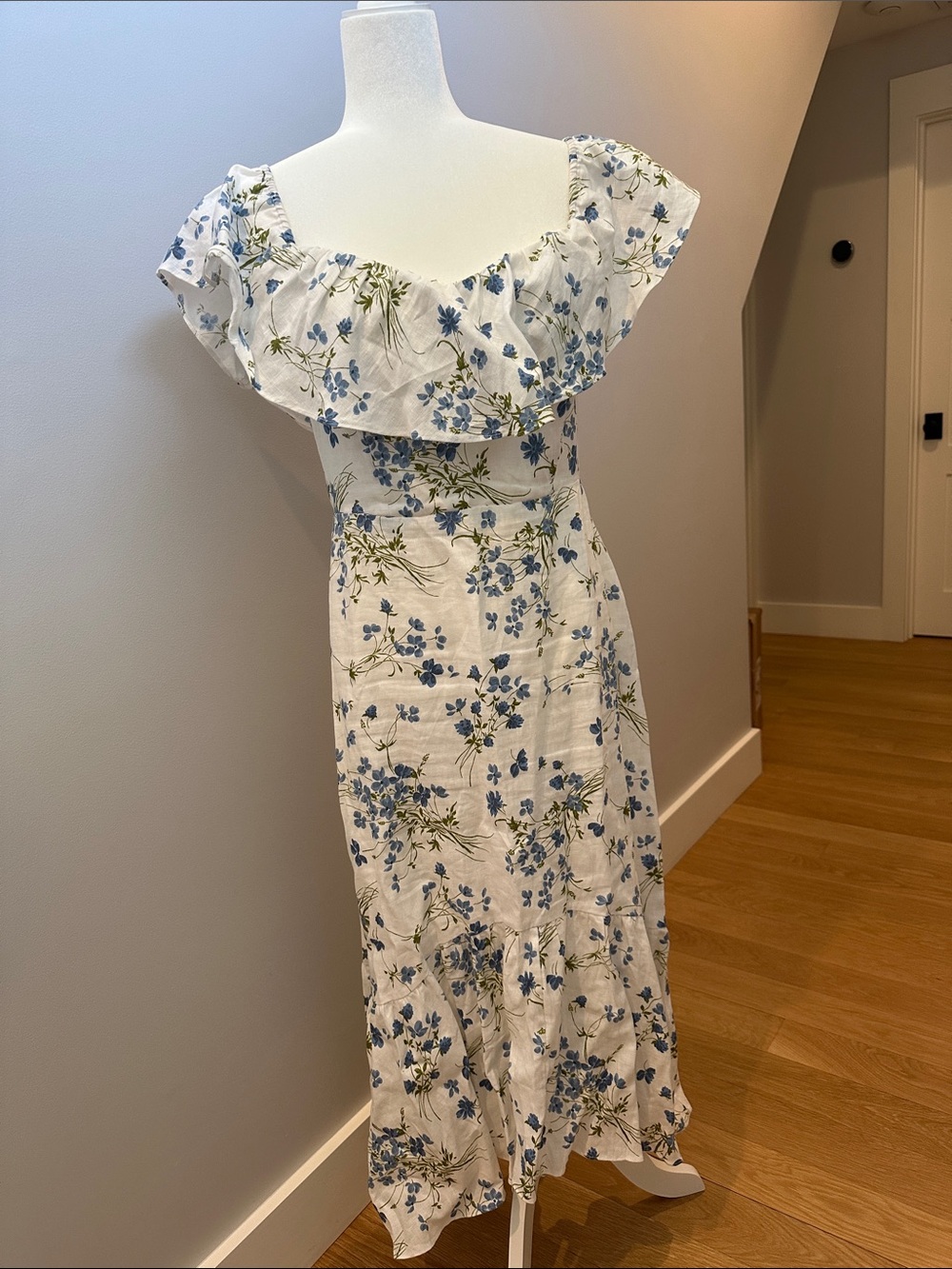 Reformation White Maxi Dress with Blue Floral Print